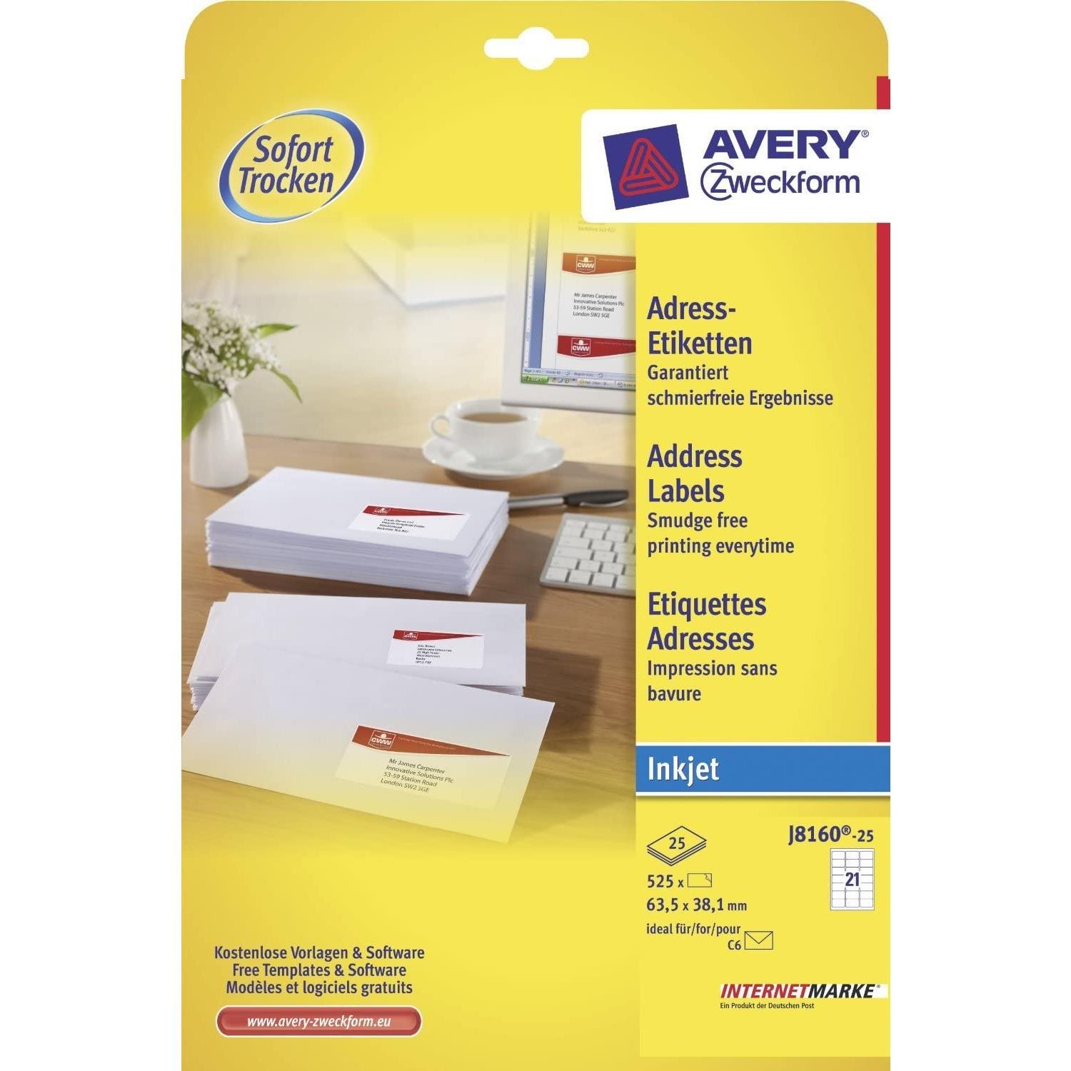 Étiquettes adresses jet d encre Avery J8160-25-5 de 63.5x38.1 mm en pack de 2625