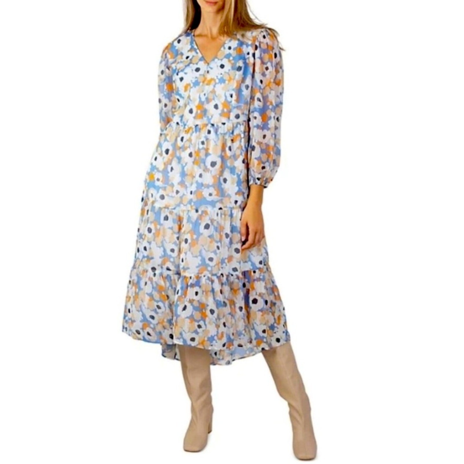 Joie Hi-Lo Floral Fields Feminine Chiffon Cottagecore Peasant Dress Size Large