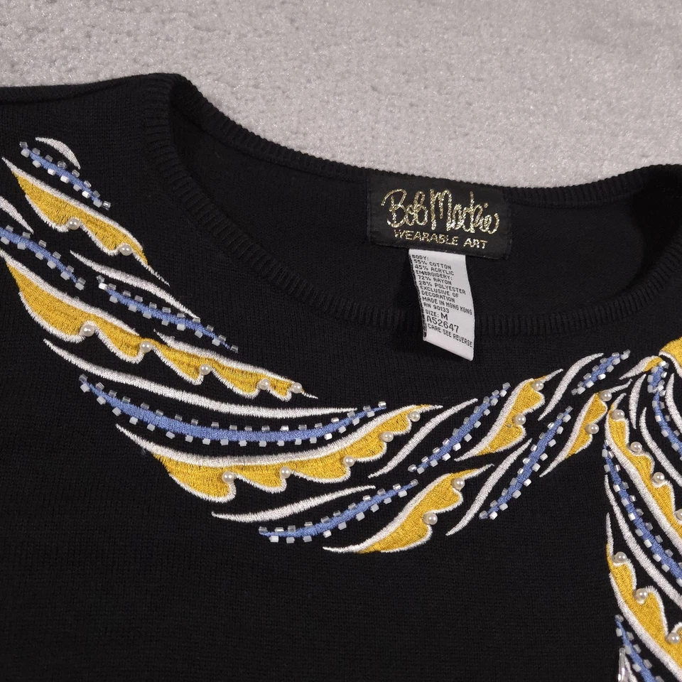 VINTAGE Bob Mackie Wearable Art Sweater Womens Medium Black Beaded Fringe 90s - Image 4 of 4
