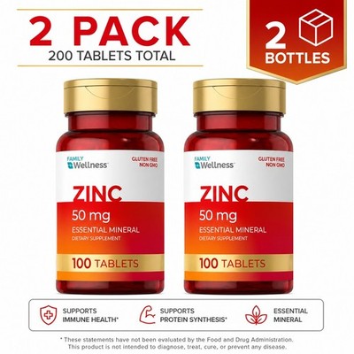 Family Wellness Zinc 50mg 100 Tablets 2-Pack Essential Mineral Immune Support