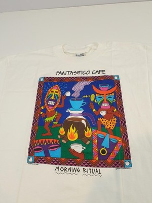 Vtg Fabric Art T-Shirt XL White Single Stitch Coffee Aztec Rebecca Lee Baldwin