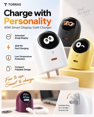 TORRAS 45W USB C GaN Fast Charger Smart Emoji Display PD for iPhone MacBook