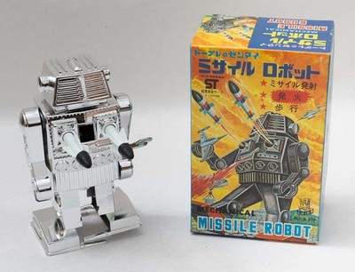 VINTAGE 1960/70s TPS JAPAN WIND UP MISSILE ROBOT W OVP OLD SHOP STOCK