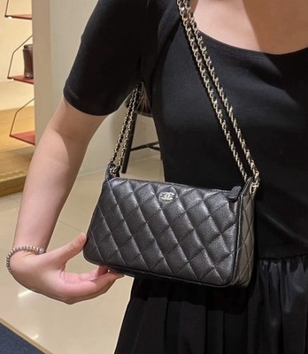 Auth BNIB Chanel 25 Black Double Chain Pochette Wallet Clutch With