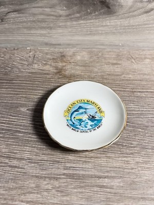 Ocean City MD Souvenir Mini Plate 3.5  White Marlin Gold Trim