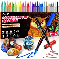 24 Colors Acrylic Paint Markers, Dual Tip Acrylic Paint Pens with Brush Tip & Fi