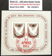 Schweiz Block 12 "100 Jahre Basler Taube" m. Ersttag-Sonderstempel Basel 14.4.45