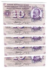 Switzerland 10 FRANCS Rare 1969 Swiss 5 Banknotes UNCIRC in Serial Number Order