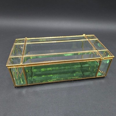 Vintage Beveled Green Glass Jewelry Box Brass Frame Rectangular Trinket Case