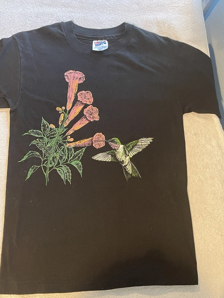 复古 90 年代蜂鸟花卉图案 T 恤 Hanes Beefy-T 美国制造小号 — 第 2/4 张图片