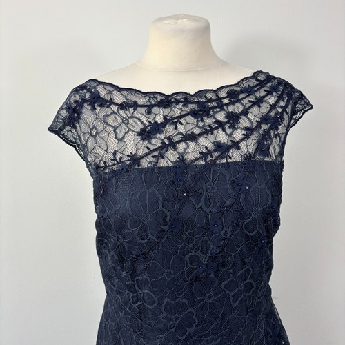 Monsoon Navy Blue Lace Overlay Dress Part Lined Wedding Occasion Size 18 VGC - Picture 2 of 11