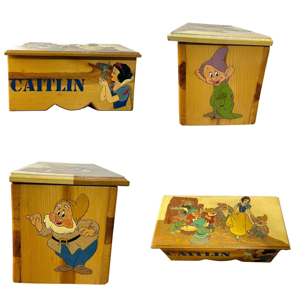 Vintage Handmade Wooden Toy Box Snow White Carved Painted Storage