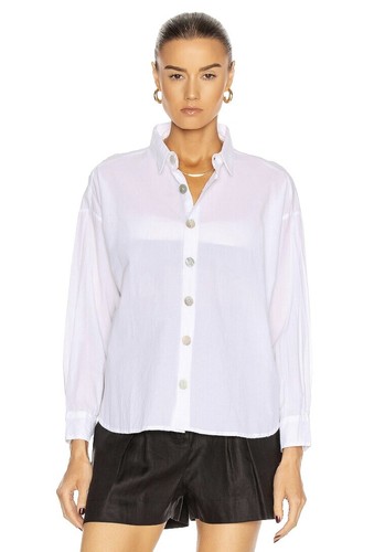 FRAME Button-Up Sheer Shirt Top M Silk Blend White Lace Trim Cap