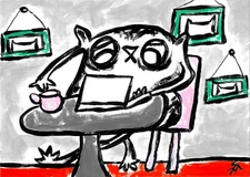 Print Of Black Cat Painting ACEO Coffee Chat Miniature Folk Art Samantha McLean