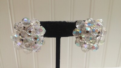Vintage Silvertone Metal AB Crystal Bead Cluster Disk Clip-On Earrings