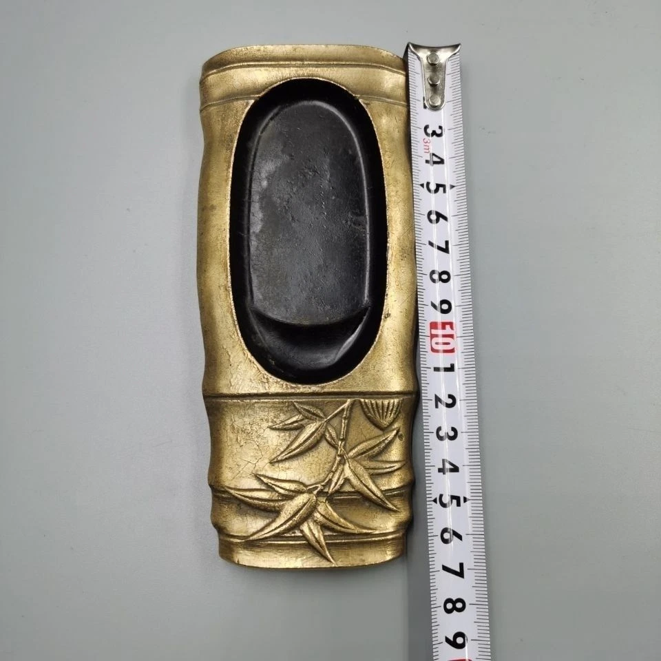 Herramienta de caligrafía vintage de latón verde bambú piedra tinta decoración de colección Foto 3 de 4