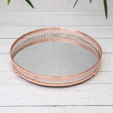 Copper Rose Gold Round Mirror Glass Vintage Metal Plate Drinks Display Tray