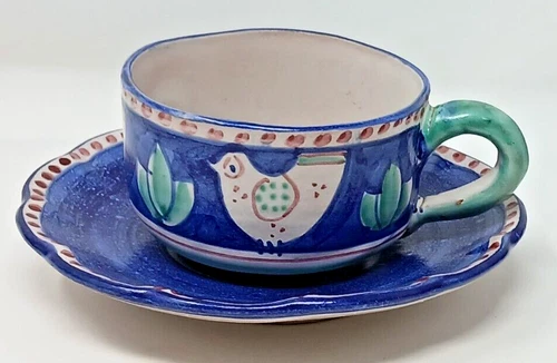 Vietri Campagna Solimene Chicken Blue Green Border Tea Cup And Saucer