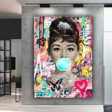 Audrey Hepburn Bubble Gum Graffiti DEEP FRAMED CANVAS WALL ART  OR POSTER PRINT