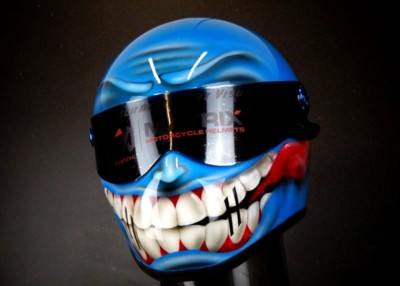 Custom airbrushed Matrix Alpha fibreglass helmet design bandit Simpson style
