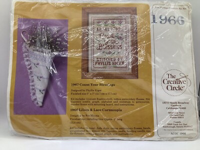 Creative Circle Lilacs and Lace Cornucopia needlept. Kit #1966 9  long vtg 1987 