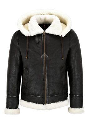 Herren Lammfelljacke mit Kapuze weiß echtes Lammfell Fell B3 Bomber Pilotenjacke NV65