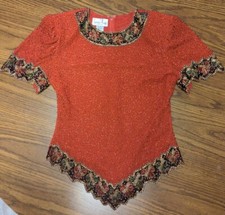 Vintage Laurence Kazer Red Small Polyester Beaded Cropped Top Blouse Zip Ribbon