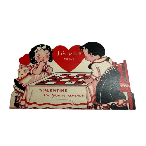 Vintage 1939 Valentine Boy & Girl Playing Checkers It’s Your Move I’m Yours 