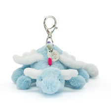 Jellycat Sky Dragon Bag Charm Blue Fur with White Wings and Rainbow Spikes