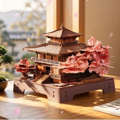 3D Holzpuzzle für Erwachsene, Sakura Pavillon Modellbausatz, Japanische Kirsc...