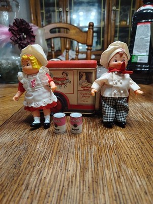 Campbell's Suppe Werbung Puppen Junge & Mädchen mit Mini Suppendosen & Vitrine