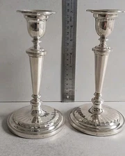 GOOD  PAIR VINTAGE SOLID SILVER CANDLESTICKS  .   631 gms. inc.       LON. 1966.