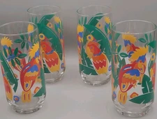 Libbey Set Of 4 Tropical Multicolor Parrots Htf 20 Oz Tea Water Glasses