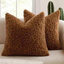 Pack of 2 Faux Fur Throw Pillow Covers 18x18 Inch Bronze Boucle Decorative 