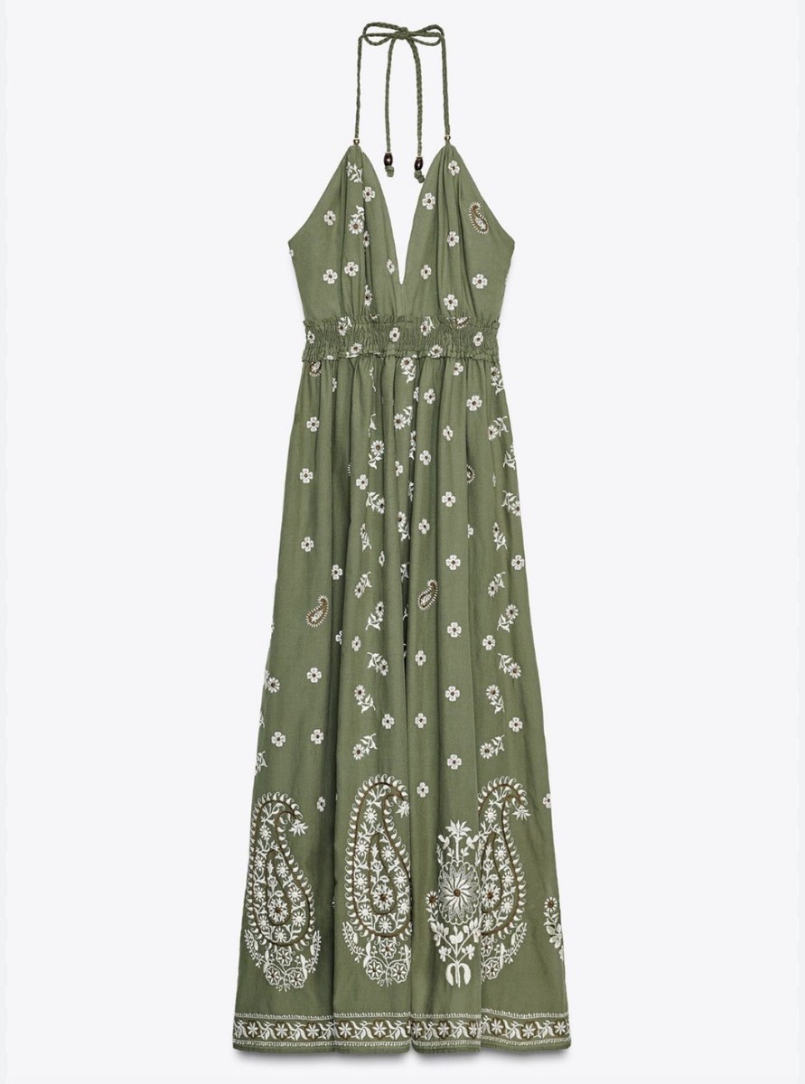 Zara Green Embroidered Halter Midi Dress Sz M | eBay