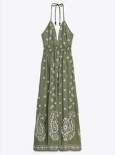 Zara Green Embroidered Halter Midi Dress Sz M