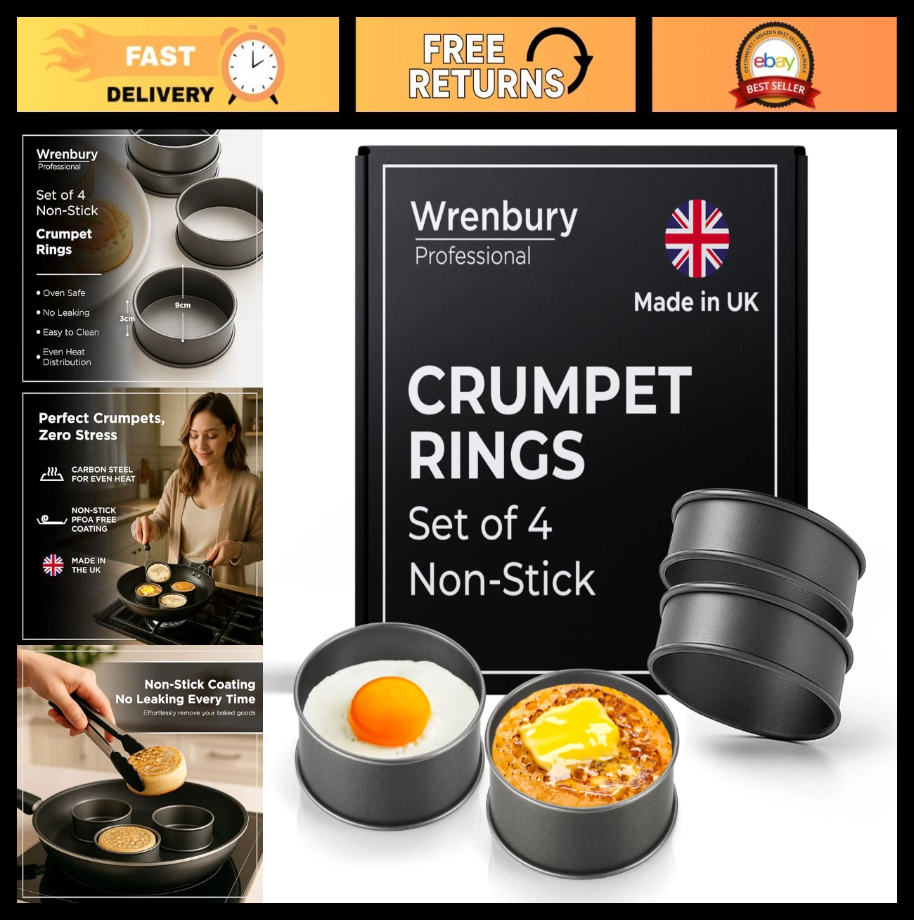 Nonstick 3.5" Crumpet & English Muffin Rings - Set of 4 Baking Molds for Eggs