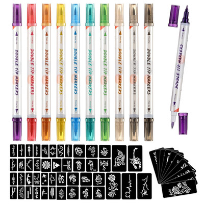 Temporary Tattoo Markers for Skin, 10 Body Markers + 56 Large Tattoo Stencils fo