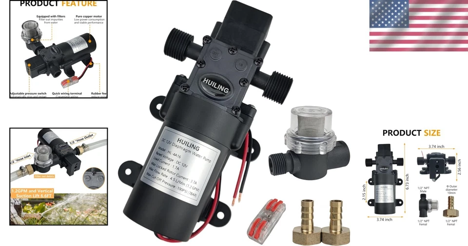 12V Diaphragm Pump: Self-Priming, 1.2 GPM, Quiet Operation for Outdoors - Image 2 of 4