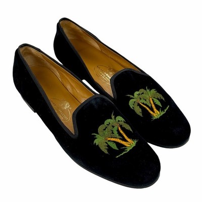 Stubbs & Wootton Black Velvet Coconut Palm Tree Tropical Loafers men's Shoe 8.5