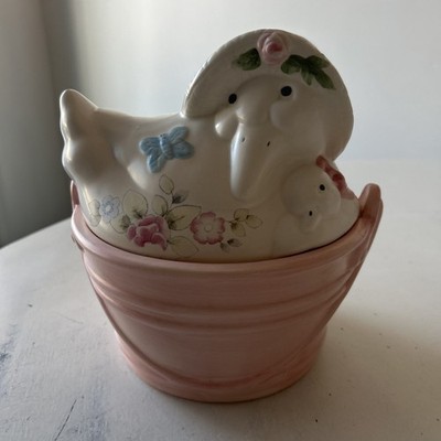 Pfaltzgraff Momma & Baby Duck Lidded Bowl Easter Floral Butterfly Spring 7.5 H