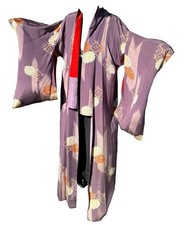 Vtg Purple Long Japanese Silk Kimono Chrysanthemum Floral Red Lining