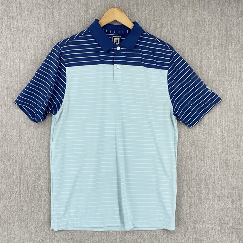 Footjoy Polo Shirt Men Medium Blue Performance Golf Striped Stretch Athletic Fit