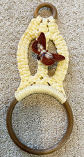1970s Macrame Towel Holder Brown Ceramic Butterfly Handmade Hanging Boho Vintage