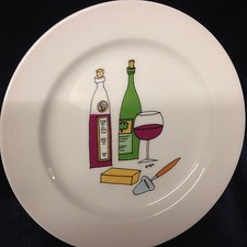 SIGNATURE WINE BOTTLE & CHEESE 6.75" CANAPE HORS D'OEUVRE PLATE 2 BOTTLES RED