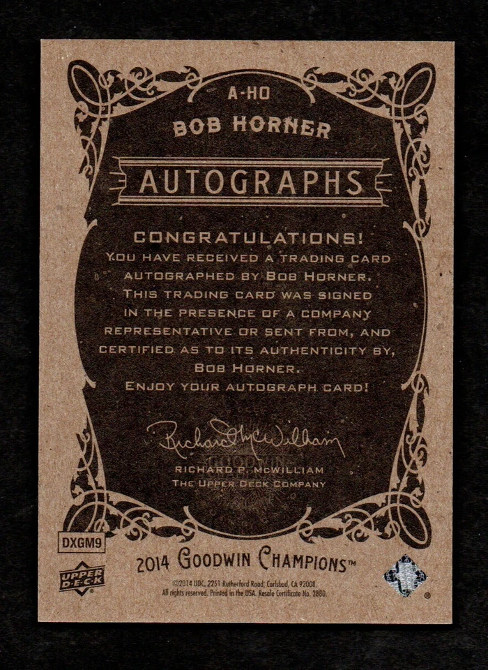 Autógrafo 2014 Goodwin Champions Bob Horner Atlanta Braves - Imagem 2 de 2