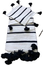 Image of Moroccan Bed Cover Blanket Hand loomed White With Black Stripes /118’’ X 78’’