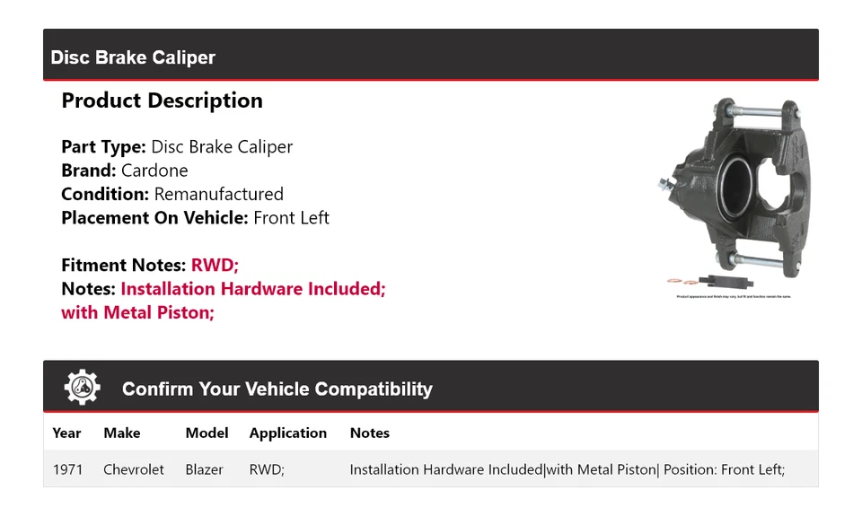 Pinza de freno de disco delantera izquierda Cardone para Chevrolet Blazer 1971 tracción trasera Foto 2 de 4