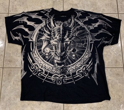 Vtg Y2K 00s Mens 2XL Liquid Blue All Over Print AOP Dragon Skeleton Skull Black