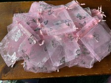 25 Lt.PINK Silver Butterfly Sheer Organza BAGS Favors Pink SATIN Ties USA SELLER